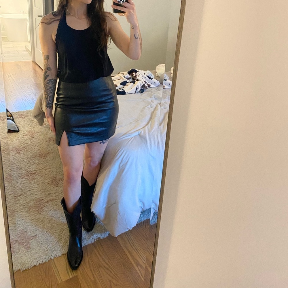 Black Mini Pleather Skirt with Slit